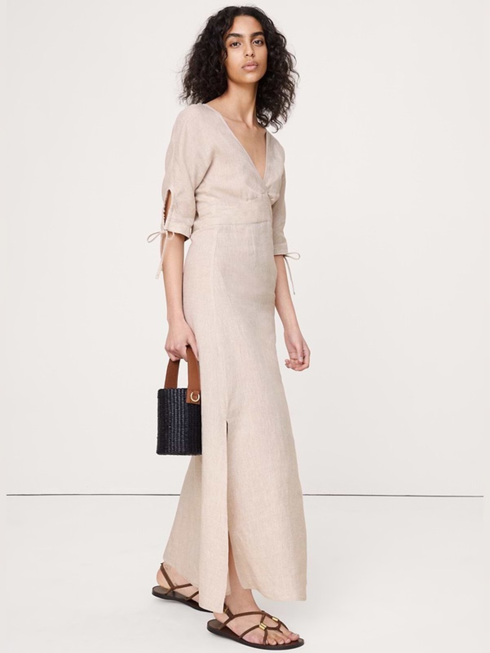 BANANA REPUBLIC LINEN TIE-SLEEVE MIDI DRESS